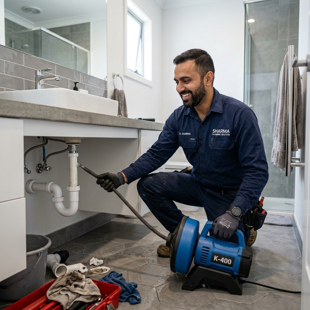 Drain Cleaning Services Delhi - plumber clearing clogged sink with spring snake tool