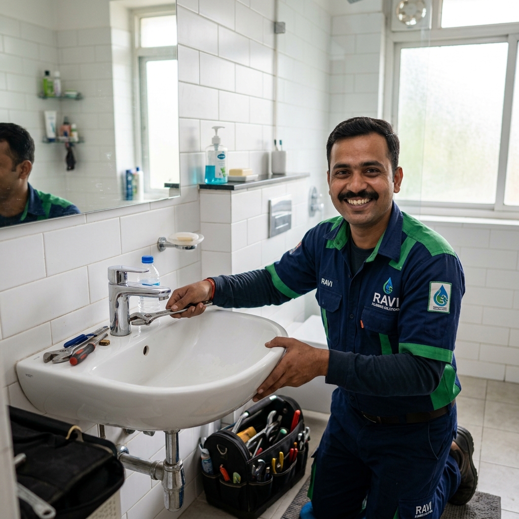 Qasim Plumber team member analyzing plumbing connection under basin