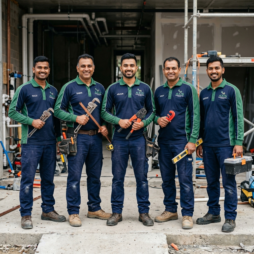 Qasim Plumber professional team smiling in blue and green uniforms